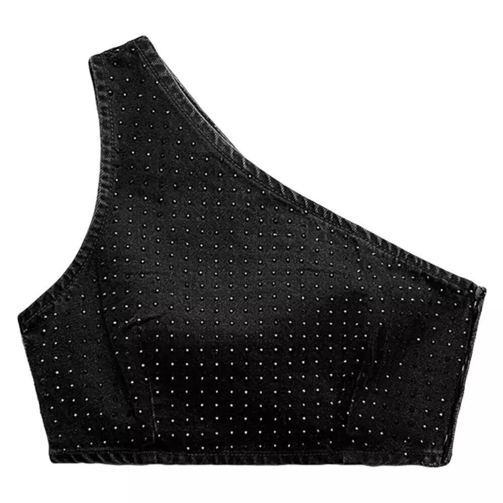 ZARA DENIM RHINESTONE STUDDED ASYMMETRICAL TOP